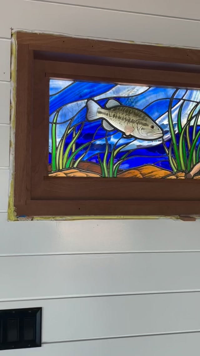 Recent hand painted stained glass window for new boathouse in New Jersey.