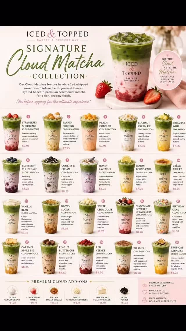 ☁️✨ SOMETHING NEW IS FLOATING INTO ICED & TOPPED! ✨☁️
Meet our all-new Signature Cloud Matcha Collection—where dessert meets premium matcha in the most beautiful way.
Each drink begins with a handcrafted whipped cloud infused with gourmet flavors, then is layered with creamy milk and finished with vibrant ceremonial matcha for a smooth, rich, and unforgettable sip.
💚 Featured Flavors:
🍓 Strawberry Shortcake Cloud Matcha
🍌 Banana Pudding Cloud Matcha
🍑 Peach Cobbler Cloud Matcha
🍍 Pineapple Whip Cloud Matcha
🫐 Blueberry Cheesecake Cloud Matcha
🍪 Cookies & Cream Cloud Matcha
🍯 Honey Lavender Cloud Matcha
🍋 Lemon Pound Cake Cloud Matcha
🍮 Crème Brûlée Cloud Matcha
…and many more!
This isn’t just a drink—it’s an experience. Watch the layers. Stir the cloud. Fall in love with every sip.
📍 Iced & Topped Bakery Shoppe
9459 Hwy 5, Suite K
Douglasville, GA
Tag your matcha-loving bestie and tell us which Cloud Matcha you’re trying first! 💚☁️
#IcedAndTopped #CloudMatcha #MatchaLovers #DouglasvilleGA #DouglasvilleEats AtlantaFoodie DessertDrinks BakeryCafe CoffeeShopVibes SweetTreats FoodieFinds SipTheCloud DrinkLocal MatchaObsessed