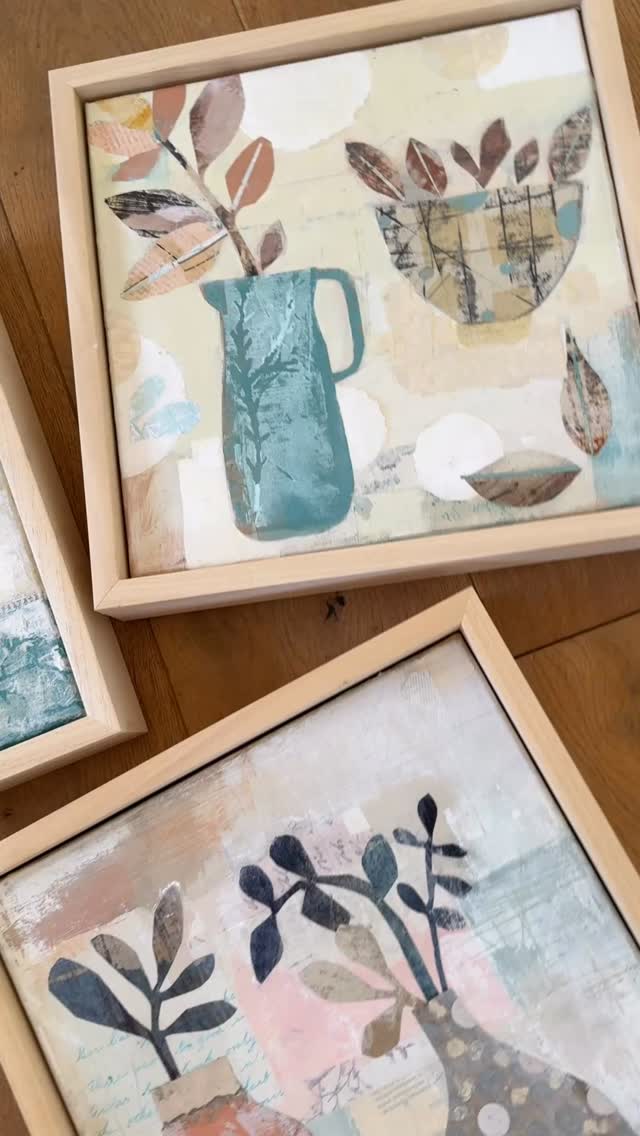 Sometimes I just have to get them out of the studio.
Especially when it’s in one of those gloriously creative states where every surface is covered and there’s barely room to put a cup of tea down. Bringing the work into another room, somewhere a little cooler, and slipping the pieces into beautiful chunky frames gives me a sense of clarity. Suddenly I can see them with fresh eyes.
Earlier, sandpaper was my friend—roughing up edges, scoring lines and uncovering traces of what had gone before whenever things started to feel a little too perfect.
It’s funny how a change of space can completely change the way you see your own work.
Does stepping away from your work help you see it differently too? I’d love to hear what gives you that fresh perspective.