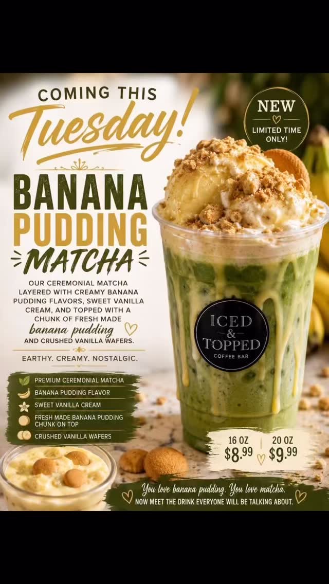 🚨 COMING THIS TUESDAY! 🍌🍵
We just took two favorites and created something completely unexpected…
✨ BANANA PUDDING MATCHA ✨
Our premium ceremonial matcha is blended into a smooth, creamy masterpiece, then finished with a generous scoop of our fresh, homemade banana pudding right on top and sprinkled with crunchy vanilla wafer crumbles.
This isn’t just a drink…
It’s dessert.
It’s matcha.
It’s an experience.
If you’ve never tried matcha before, this might just be the drink that changes your mind.
📍 Available beginning Tuesday at Iced & Topped
📍 9459 Hwy 5, Suite K
Douglasville, GA
⚠️ Made fresh daily while supplies last. Once our homemade banana pudding is gone for the day, it’s gone!
Tag your favorite matcha lover—or the friend who’s obsessed with banana pudding—and let them know where you’ll be Tuesday!
#IcedAndTopped #DouglasvilleGA #quietonthecreek #AtlantaFoodie #WestGeorgiaEats MatchaLover BananaPudding BananaPuddingMatcha CoffeeBar DessertDrinks DrinkTok FoodieFinds SupportLocal CafeVibes SweetTreats ExploreDouglasville