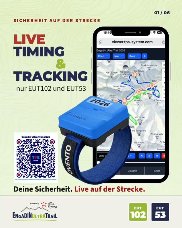 Für die Sicherheit aller Athleten auf dem EUT102 und EUT53 setzt das OK in diesem Jahr auf modernste Tracking-Technologie: der TPS Tracker ist Pflichtausrüstung. Das Gerät misst Zeit und Position gleichzeitig — mit einer Genauigkeit von unter einem Meter. Das OK weiss jederzeit, wo jeder Athlet ist. Im Notfall sind Hilfe und Informationen sofort verfügbar.
Live-Tracking ist bei einer Ultradistanz keine Option — es ist ein Muss.
To keep every EUT102 and EUT53 athlete safe, the race organization is relying on state-of-the-art tracking technology this year: the TPS Tracker is mandatory equipment. The device measures time and position simultaneously — with an accuracy of less than one meter. The organization knows where every athlete is at all times. In an emergency, help and information are available instantly.
Live tracking at an ultra distance isn't an option — it's a necessity.
Here's what every athlete needs to know:
→ The TPS Tracker is mandatory
equipment for all EUT102 & EUT53 athletes, it enables live tracking for spectators and the race organization
→ Wear it on your backpack (recommended), wrist, or ankle — blue side always facing up and visible
→ No buttons, no setup — the tracker is activated automatically by the organizer
→ Return the tracker and timing transponder at the finish line or in case of withdrawal , unreturned devices will be charged
→ Live tracking means the organization always knows your location, for your safety and for faster emergency response
Powered by @tps.system
#EngadinUltraTrail #LiveTracking #Trailrunning #TimingRedefined