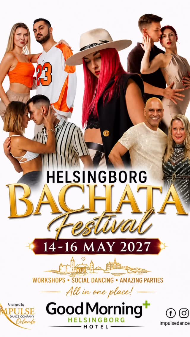 SAVE THE DATE!! đđș
Welcome to Helsingborg Bachata Festival 2027!
We are excited and proud to welcome you to the Helsingborg Bachata Festival, taking place May 14â16, 2027, in Helsingborg, Sweden!
Get ready for an unforgettable weekend filled with dance, joy, inspiration, and an amazing community. Enjoy outstanding workshops, social dancing, and unforgettable parties with dancers from Sweden and around the world.
To make your experience as smooth and enjoyable as possible, everything will be in one location â the hotel, workshops, and evening parties. Just check in, relax, and enjoy an incredible dance weekend!
More exciting news will be announced soon. Information about the artists, schedule, hotel packages, and ticket prices will be released shortly.
We canât wait to welcome you and create an unforgettable festival together!
See you at Helsingborg Bachata Festival 2027!
Organizer: Orlando Ahumada â Impulsedance