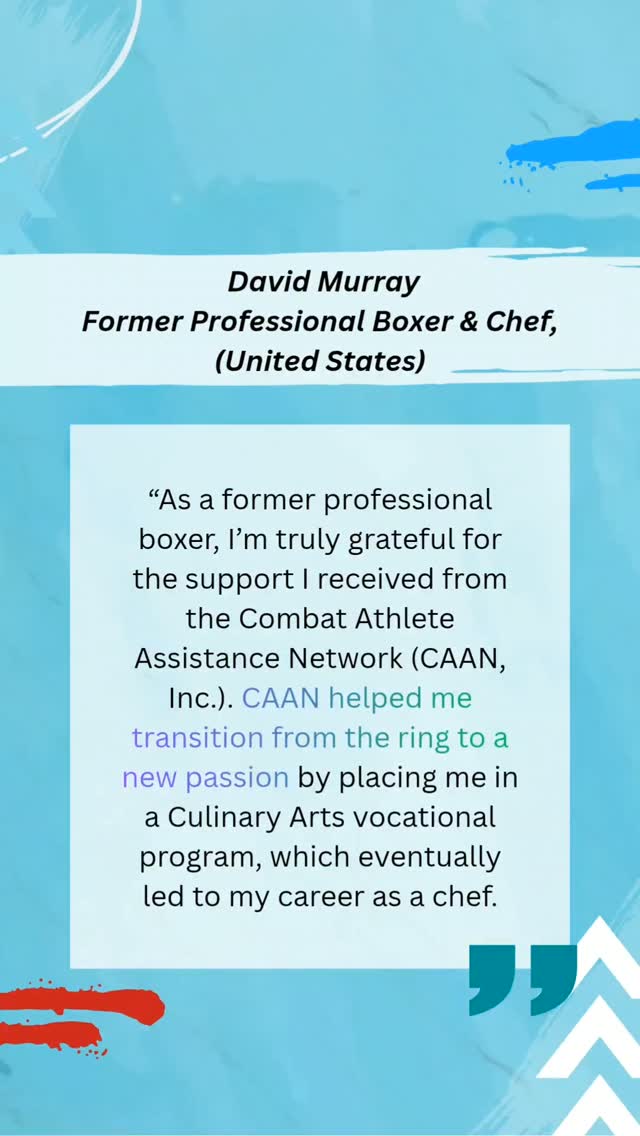 Testimonial Spotlight 🌎🥊💥‼️
David Murray Former Professional Boxer & Chef (United States) 👨🏾🍳🥊💯🌟
“As a former professional boxer, I’m truly grateful for the support I received from the Combat Athlete Assistance Network (CAAN, Inc.). CAAN helped me transition from the ring to a new passion by placing me in a Culinary Arts vocational program, which eventually led to my career as a chef.
That opportunity changed my life - not just by giving me a new skill, but by giving me leverage in my boxing career. With the backing of CAAN and my new professional direction, I was able to negotiate with my promoter to prioritize my brain health and make smarter decisions about my future.
CAAN showed me that there’s life after combat sports, and that protecting your health and pursuing your health is a sign of strength, not weakness. Their mission to support fighters and promote social justice through athletics is something I’m proud to be a part of.
- David Murray
Thank you David for sharing your story and experience with us! 🙏
Together We CAAN ‼️
@caan_inc 🌐
#testimonial #nonprofit #boxingtraining #athlete #fyp