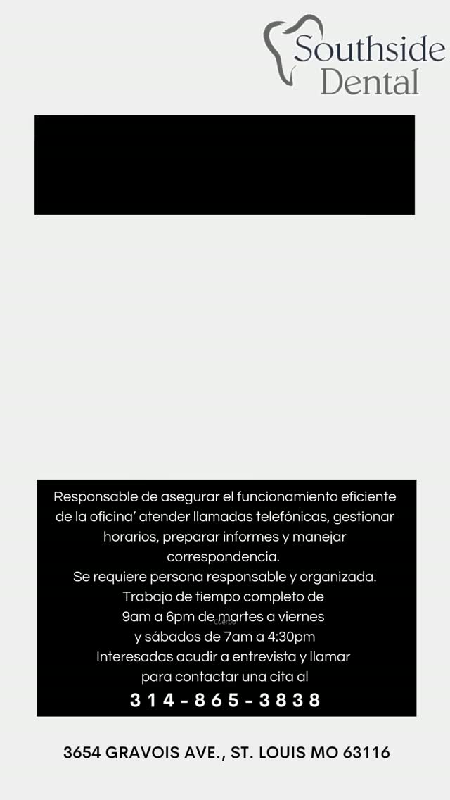 📣 ¡Estamos Contratando! | Bilingual Administrative Assistant
🌟 ¿Hablas inglés y español? Esta oportunidad es para ti.
Únete a un equipo profesional donde podrás desarrollar tus habilidades administrativas en un ambiente dinámico y de crecimiento.
📍 Puesto disponible:
Bilingual Administrative Assistant
🕘 Horario de trabajo:
📅 Martes a viernes: 9:00 a.m. – 6:00 p.m.
📅 Sábados: 7:00 a.m. – 4:30 p.m.
Buscamos una persona organizada, responsable, con excelente actitud de servicio y facilidad para comunicarse en inglés y español.
📞 ¡Agenda tu entrevista hoy mismo!
Llama al 314-865-3838
📧 Envía tu currículum a:
southsidedentalcare03@gmail.com
💼 Da el siguiente paso en tu carrera profesional. ¡Queremos conocerte!
#Empleo #Hiring #BilingualJobs #AdministrativeAssistant #TrabajoEnStLouis #EmpleosSTL #SouthSideDentalCare #OportunidadLaboral #RedLatinaSTL