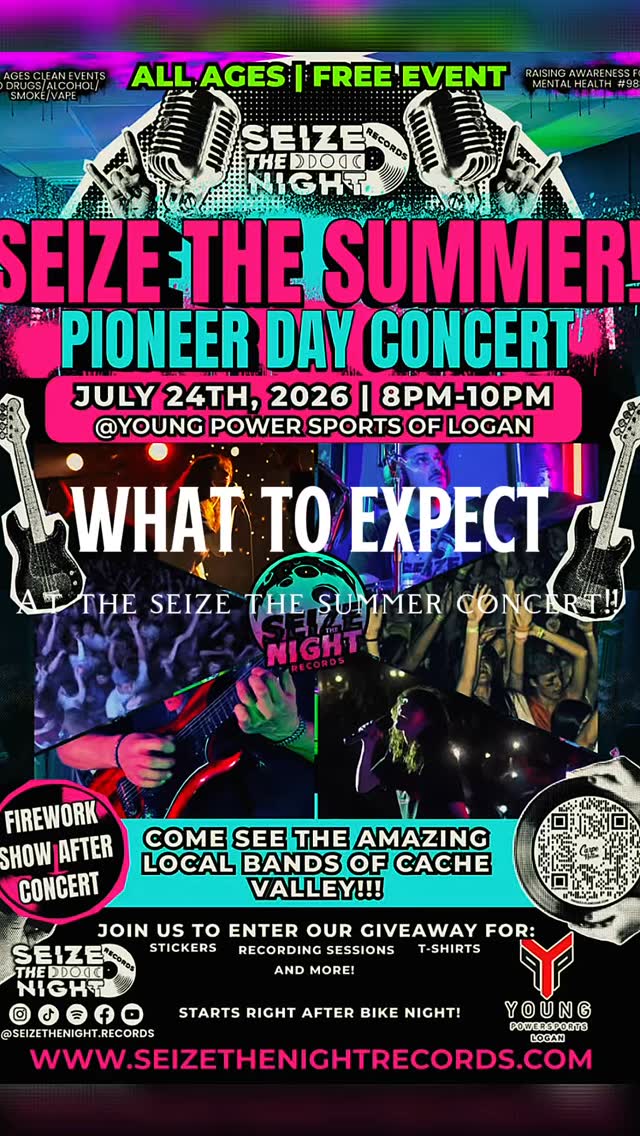 🎆🎸 Live music, giveaways, and a fireworks finale… what better way to celebrate Pioneer Day? 🎸🎆
Join us at Young Power Sports of Logan for our Seize the Summer: Pioneer Day Concert! We’re bringing an incredible lineup of local bands, amazing giveaways, and ending the night with a spectacular fireworks show. If the last Bike Night was any indication, this is one you won’t want to miss.
This video is a recap of Skylar Cook and Cool Hat performing at the last Bike Night. The audio you’re hearing is “Burnout” performed live and recorded right there at the event. What you hear is what you get.
Day: Friday, July 24, 2026
Bike Night: 6:00 PM – 8:00 PM
Concert: 8:00 PM – 10:00 PM
Location: Young Power Sports of Logan
Come celebrate with great music, support local artists, enter to win recording sessions, Seize The Night merch, stickers, and more, then stick around as the night ends with fireworks lighting up the sky.
Bring your friends, bring your family, and we’ll see you there!
#cachevalley #loganutah #livemusic #supportlocalmusic #seizethenightrecords