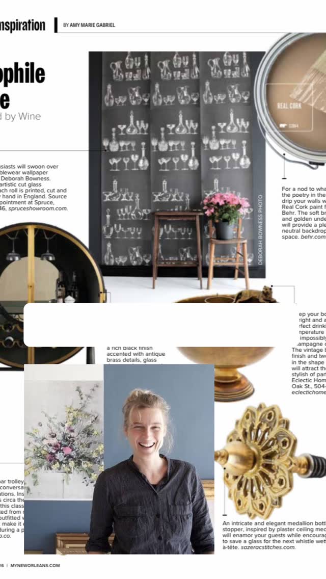 📣Deb Bowness wallpaper in the press 📣
Artist Profile:
Deb Bowness’ inspired works of her non-repeat wallpaper designs, starting from her “Hooks & Frocks” installation to her wine glassware wallpaper continue to surprise us.
Her unique approach of using life-size photographic images, monochrome imagery, silkscreened color, and hand-painted details to reject repeat patterns is truly distinctive.
A giant in the world of graphic design we are proud to represent her and her papers are
available as is and custom at Spruce Showroom, New Orleans.
Thank you @neworleansmag for this feature
_______________________________________
#graphicdesign #wallpaper #nolashopping #photography #photorealistic