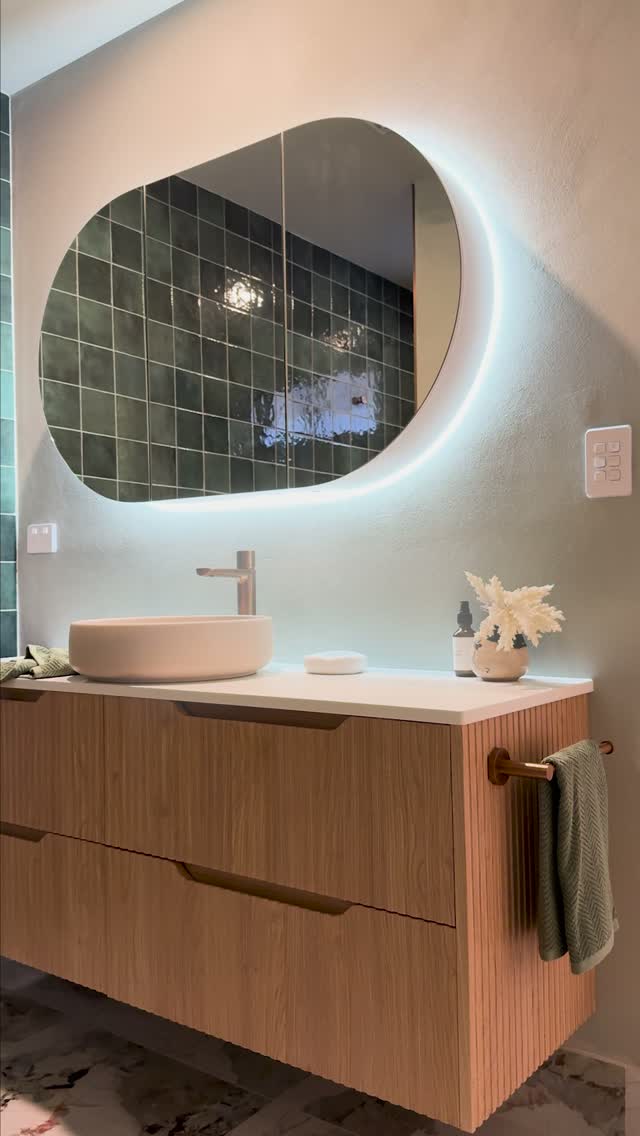 Our Kareela clients have nailed colour and texture in their bathroom reno, using Kaolin's gorgeous Patagonia porcelain and a specialty finish by Porters Paints to create a limewash effect.