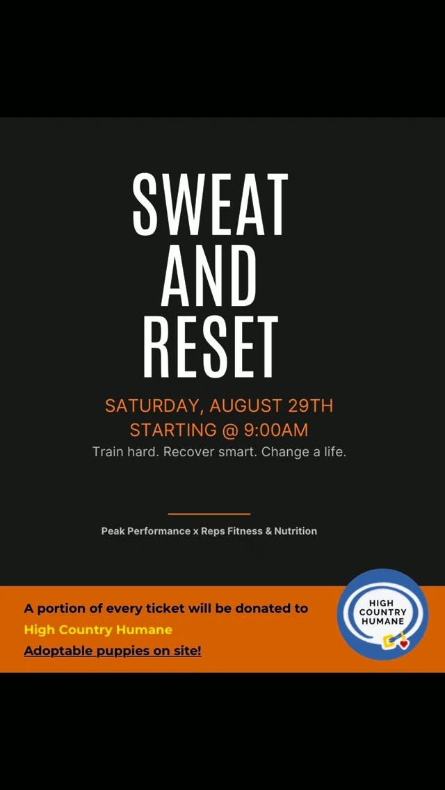 One workout. One morning. A whole lot more than just fitness. 🧡
Join us for our first-ever Sweat & Reset—a community event with Reps Fitness, Peak Performance, and now the Coconino Humane Society!
Your morning includes:
💪 45-minute strength workout
🧊 Sauna, cold plunge, cryotherapy & recovery experiences
💆 Complimentary bodywork
💧 IV therapy available
🎟️ Raffle prizes from local businesses
🍩 Protein donuts + protein coffees
🐶 Meet adoptable dogs from the Humane Society
A portion of every ticket sold will be donated to the Coconino Humane Society.
📅 Saturday, August 29
🕘 9:00 AM
💲 Tickets are just $35
Comment SWEAT and we’ll send you the signup link, or grab your ticket through the link in our bio.
Train hard. Recover smart. Give back. ❤️
#flagstaffaz #trainhard #recoversmart #giveback
