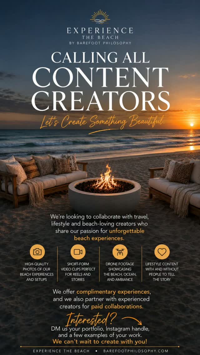 📸 Content Creators
Do you create stunning travel, lifestyle, or hospitality content? We'd love to collaborate.
We're looking for:
✨ Cinematic photos
🎥 Reels & short-form video
🚁 Drone footage
🌊 Lifestyle content that captures unforgettable moments by the ocean
If you have a portfolio that matches our brand, send us a DM and examples of your work.
See you on the beach!
#ContentCreator #UGCCreator #TravelCreator #FloridaCreator #DaytonaBeach OrmondBeach NewSmyrnaBeach BeachPhotography BeachLife LuxuryTravel VisitFlorida FloridaContentCreator TravelReels HospitalityMarketing BarefootPhilosophy ExperienceTheBeach