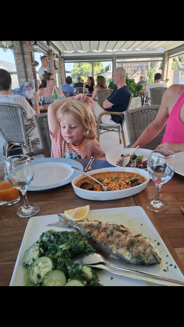 Some of the amazing food by the sea jn Croatia.. seafood risotto , sea bass with Swiss chard and potatoes... and Rožata which is like a flan .. you could swim by the sea while waiting for your food in the restaurant