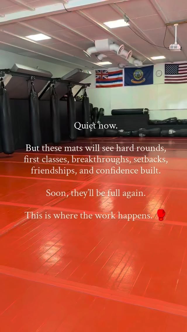 Quiet now.
But these mats have seen hard rounds, first classes, breakthroughs, setbacks, friendships, and confidence built.
Soon, they’ll be full again.
This is where the work happens. 🥊