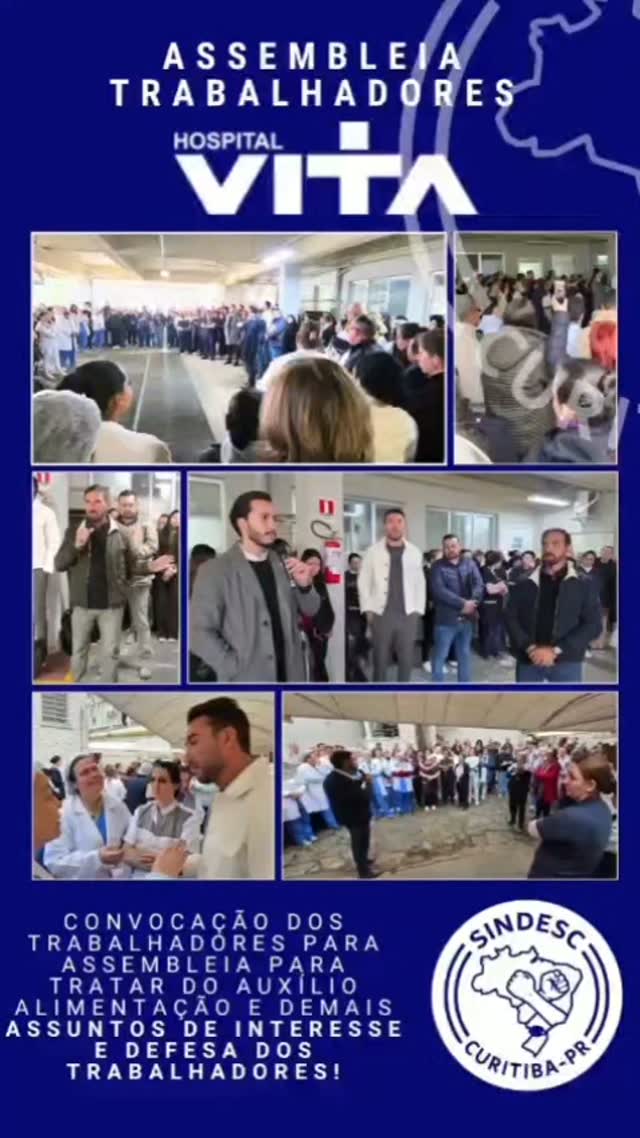 📢 SINDESC SAÚDE NA DEFESA DOS TRABALHADORES!
No dia 12/08/2026, o SINDESC esteve junto aos trabalhadores do Hospital Vita, em assembleias realizadas nas unidades Vita BR (Linha Verde) e Vita Batel.
O encontro teve como objetivo tratar de questões que afetam diretamente os trabalhadores, entre elas os atrasos e pagamentos do Auxílio Alimentação, salários e demais assuntos de interesse da categoria.
🔹 Vita BR (Linha Verde): 09h
🔹 Vita Batel: 11h
Mais do que ouvir, o SINDESC acompanha, cobra e luta pelos direitos dos trabalhadores da saúde.
🤝 Quando o trabalhador precisa, o SINDESC está presente.
SINDESC SAÚDE – Na defesa dos interesses e dos direitos dos trabalhadores.
#SINDESC #SINDESCSaúde #DireitosDoTrabalhador #TrabalhadoresDaSaúde #HospitalVita AuxílioAlimentação DireitosTrabalhistas