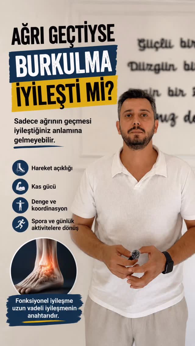 Ayak bileği burkulması sonrasında ağrının azalması önemli bir gelişmedir. Ancak ağrının geçmesi, ayak bileğinin fonksiyonel olarak tamamen iyileştiği anlamına gelmeyebilir.
Burkulma sonrasında bazı kişilerde hareket kısıtlılığı, kas kuvvetinde azalma, denge ve koordinasyon problemleri devam edebilir. Özellikle tekrarlayan burkulmalarda bu faktörlerin değerlendirilmesi önemlidir.
Rehabilitasyon sürecinde yalnızca ağrı değil; hareket açıklığı, kas kuvveti, denge ve günlük aktivitelere güvenli dönüş de dikkate alınır.
📍 Fizyoterapist Nevzat Gedik
Özel Sağlık Meslek Hizmet Birimi
Mersin / Yenişehir
📌 Bu video genel sağlık bilgilendirmesi amacıyla hazırlanmıştır. Kişiye özel tanı veya tedavi önerisi niteliğinde değildir.
#AyakBileği #AyakBileğiBurkulması #Fizyoterapi #Fizyoterapist #Mersin Rehabilitasyon