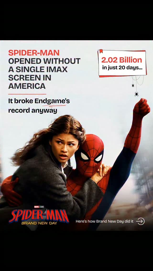 A marketing case study every brand owner should read.
Spider-Man: Brand New Day opened without a single IMAX screen in America and still broke Endgame’s record. No bigger budget. No better format. A better strategy.
Sony withheld a character for 16 months. Built a fictional website for real. Borrowed Messi’s audience in 40 seconds. Filmed in public and let fans do the marketing.
$360 million opening. $2 billion worldwide in 17 days. ₹620 crore+ in India.
Everything in this breakdown works at any budget, which is exactly why we published it.
We build brand strategy, identity design, websites, and social media content for businesses that are tired of being forgettable.
Campaign breakdowns like this are how we think and how we work.
Swipe through the full breakdown. Then DM us if your brand deserves this kind of thinking.
.
.
.
.
.
#spidermanbrandnewday #marketingcasestudy #brandstrategy #digitalmarketing #contentmarketing
