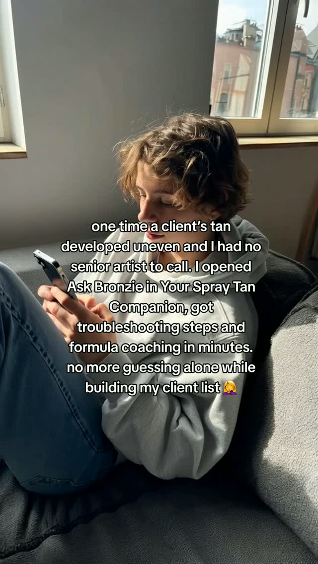 one time a client’s tan developed uneven and I had no senior artist to call. I opened Ask Bronzie in Your Spray Tan Companion, got troubleshooting steps and formula coaching in minutes. no more guessing alone while building my client list 🤦♀️