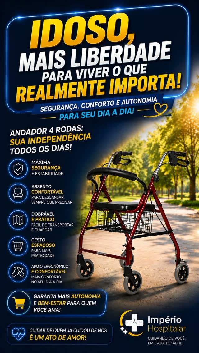 🚶♀️💙 Mais segurança para caminhar, mais liberdade para viver!
O Andador 4 Rodas é uma excelente opção para quem busca mais estabilidade, conforto e autonomia durante a rotina.
✨ 4 rodas para facilitar a locomoção
✨ Assento confortável para momentos de descanso
✨ Cesto espaçoso para levar seus itens
✨ Estrutura dobrável e prática
✨ Apoio ergonômico para mais conforto
Perfeito para acompanhar você em diferentes momentos do dia, seja em casa ou durante aquele passeio ao ar livre. 🌿
💛 Mais mobilidade, mais confiança e mais qualidade de vida!
🛒 Garanta já o seu!
📲 Entre em contato com a Império Hospitalar e fale com nossa equipe.
#Andador4Rodas #Andador #Mobilidade #Autonomia #QualidadeDeVida Segurança Conforto Idoso Acessibilidade ProdutosHospitalares ImperioHospitalar