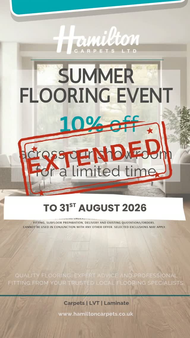 8 days left. ⏰
Plush carpet for the bedroom, hard-wearing LVT for the kitchen, or warm wood-effect laminate for the living room — whatever you're after, it's all 10% off across the showroom right now.
📞 Call us or pop in and let's find the right fit for your home before it ends on 31st August.
☀️ 8 days left. 10% off, ending 31st August.
#HamiltonCarpets #SummerEvent #Billericay #Flooring #HomeImprovement