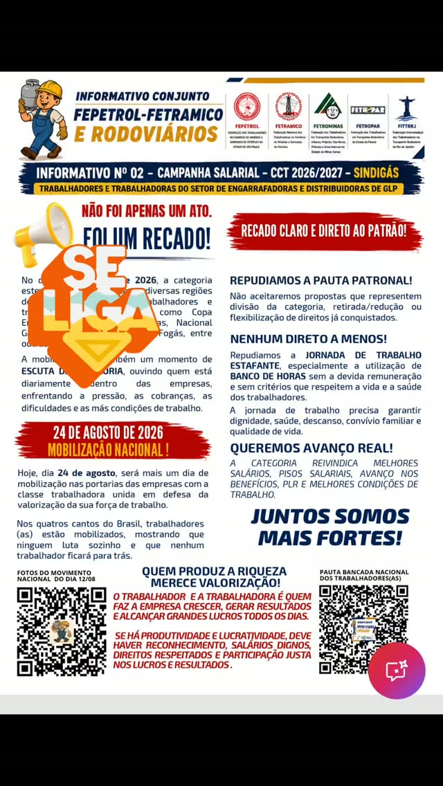 Campanha nacional unificada em defesa aos trabalhadores e trabalhadoras das distribuidoras de GLP.
Na manhã desta segunda-feira, dia 24 de agosto, trabalhadores da unidade distribuidora Ultragaz paralisaram desde às 6:00 da manhã.
Campanha salarial 2026.
