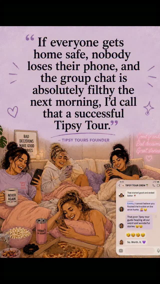 If everyone gets home safe, nobody loses their phone, and the group chat is absolutely filthy the next morning, I’d call that a successful Tipsy Tour.
#tipsytours #quoteoftheday #motivation #neverdrinkingagain