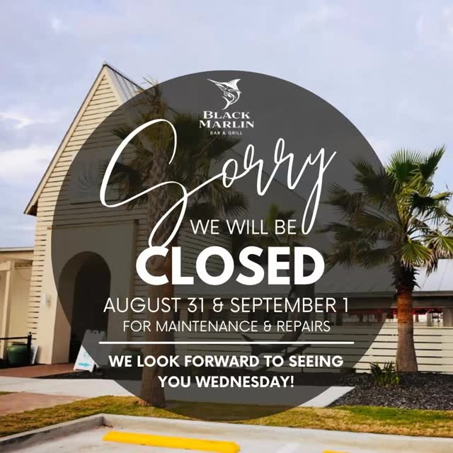Black Marlin will be closed today and tomorrow, August 31 & September 1, while we take care of some maintenance and repairs. 🔧
We appreciate your patience while we get everything shipshape and ready to welcome you back!
We’ll see you Wednesday! 🌴🍽️
#BlackMarlinPortA #PortAransas #PortATexas #BlackMarlinBarAndGrill #PortAransasEats