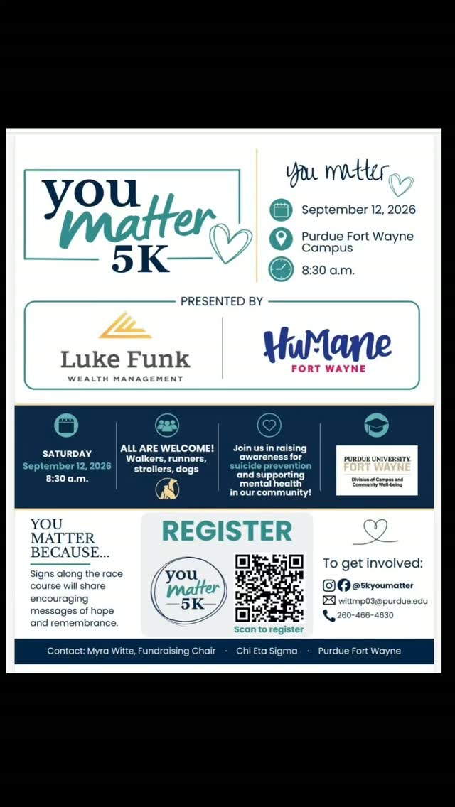 The team at Sunny P.A.T.H.H. is honored to be a part of this year's You Matter 5K located on campus at @purduefortwayne. Sign up and support mental health and suicide prevention. Stop by our booth and say hello! We want to meet YOU! We may even share some fun giveaways! 🐾 🌞
#youmatter #encouragement #animaltherapy #mentalhealth