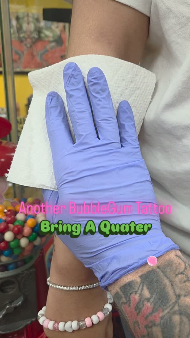 Get what you get bubblegum tattoo If you have no ideas. Bring a few quarters. #tattoolife #bubblegum #tattoostyle #plainfieldillinois #comecheckusout done by @antsol3
