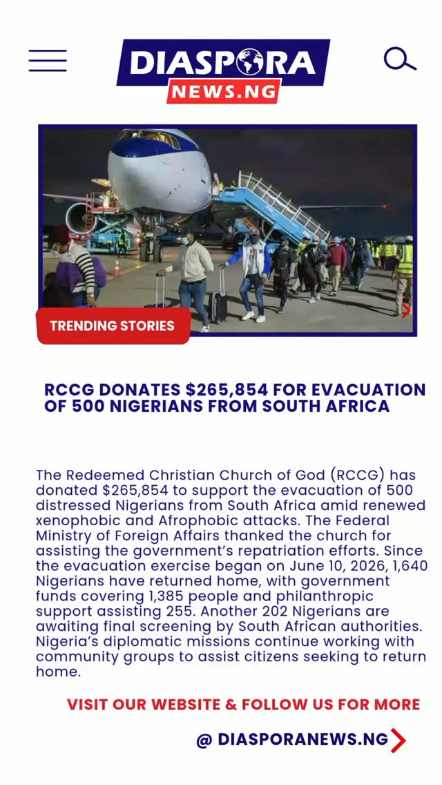 The Redeemed Christian Church of God (RCCG) has donated $265,854 to support the evacuation of 500 Nigerians affected by xenophobic and Afrophobic attacks in South Africa.
Read Full Story
https://www.diasporanews.ng/post/rccg-donates-265-854-for-evacuation-of-500-nigerians-from-south-africa