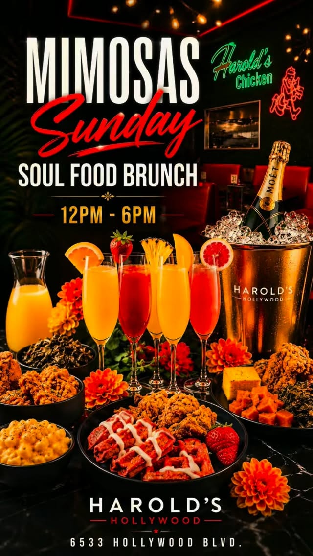 Labor Day Weekend calls for good food, bottomless mimosas and Hollywood vibes! 🥂🔥
Join us for our Labor Day Weekend Soul Food Brunch and enjoy your Harold’s favorites with cocktails, music and the perfect holiday-weekend energy.
SATURDAY & SUNDAY
🕛 12PM–6PM
📍 Harold’s Chicken Hollywood
6523 Hollywood Blvd • Los Angeles, CA
Come hungry and bring the brunch crew! 👀👇🏾
Reserve your table. Link in bio
#LaborDayWeekend #SoulFoodBrunch #HaroldsHollywood #LosAngelesBrunch #BottomlessMimosas