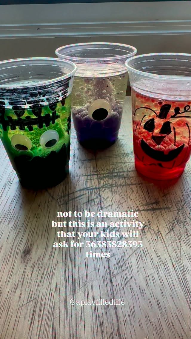 I was scrolling way back on my page the other day and realized the first time I posted this reels didn’t exist🫣😂
Like + save so you can find it quickly when you’re ready and comment LAVA for the links.
Here’s the deal with these DIY lava lamps- they’re spectacular for spooky season but also absolutely amazing year round.
Make faces with sharpie, add googly eyes or leave the cups as is. (But having kids decorate them is like a 2-for-1 activity.
-fill a cup 1/4 of the way with water.
-fill the rest with vegetable oil, leaving about an inch at the top of the cup.
-add 8-10 drops of food coloring.
-add alka seltzer tabs and water ch the magic happen!
APFL tips:
1. You get to decide what is safe and manageable in your home. Always monitor young children.
2. I find breaking the tabs into pieces and throwing them in a little at the time has the best effect.
3. Once they stop bubbling, add more to keep the fun going.
4. It is not recommended to put this amount of oil down your drain. Use your discretion- you can freeze it, then toss it or put it in a container with a lid and toss it.
5. Use smaller cups so you need a smaller amount of ingredients.