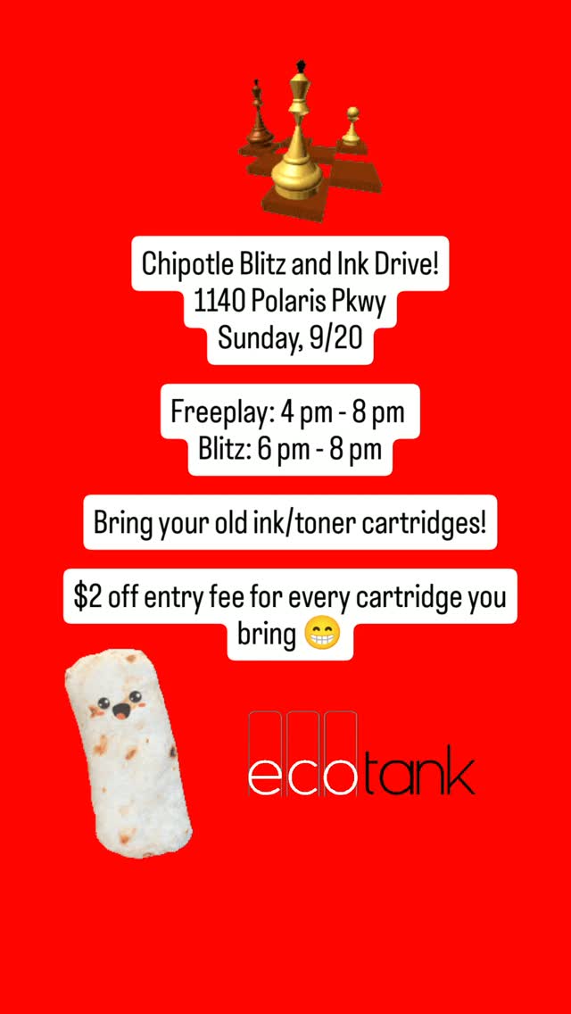 Join us this Sunday for Freeplay and Blitz! At the @chipotle in Polaris.
Help us by bringing your old ink cartridges and get a discount on the blitz!