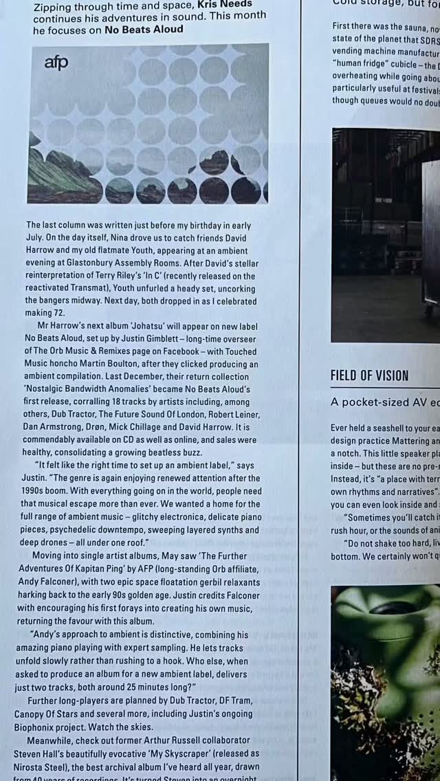 This month’s issue 141 Electronic Sound Magazine has a great piece on the new label No Beats Aloud... article by Kris Needs ...there is also a nice mention of my upcoming album on the label... we are working on a special release for the label with Andy Falconer too..stay tuned ... #nobeatsaloud#df_tram#music#ambient#electronicsoundmagazine
https://electronicsound.squarespace.com/?srsltid=AU7gw4WekaAG2nYXYQahCqGbj-FQQIFb9noz2k9XoQCwRAXr1f9iUNHq