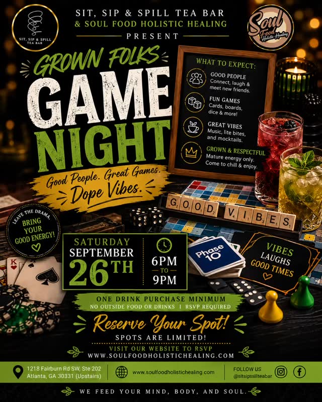 Tribe, it’s time to bring the trash talk, questionable strategies, and your most competitive friends—Game Night is back this Saturday, September 26th, from 6–9 PM!
We’ll have the games, zero-proof sips, good food, and plenty of grown-folks fun. Just know: friendships may be tested, but the vibes will remain intact.
RSVP, pull up, and come ready to play. One-drink minimum. No outside food or beverages. Ages 21+ only.