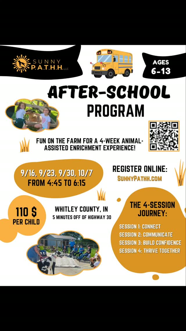 THIS WEEK AT SUNNY PATHH:
Tomorrow-- we have spots open for a fun after-school animal enrichment session for our small kids groups! The theme is COMMUNICATE. We will be tasking the kids with fun social activities alongside the group and the animals!! Sign up today at www.sunnypathh.com!
Thursday-- Come see us at Buckner Park at 5:30pm and learn more about what we do, who we are and how you can benefit from our programs! Pick up a class with @clubpilatesfortwaynenorth and get some animal cuddles all in one stop!