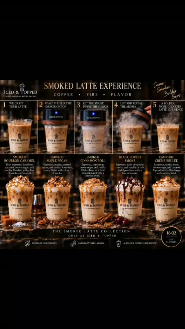 🔥☕️ DOUGLASVILLE… WE’RE SMOKING THE LATTES NOW! ☕️🔥
We wouldn’t be the World Coffee Experience if we didn’t do something DIFFERENT. 🌎☕️
Introducing the 🔥 SMOKED LATTE EXPERIENCE 🔥 at Iced & Topped!
Yes… your latte is actually SMOKED.
We craft your 16 oz latte, place our electric smoker directly over your cup, infuse it with aromatic smoke, and then comes the best part…
🔥 THE REVEAL.
The smoker comes off, the smoke rolls out, the aroma hits you—and THEN you take that first sip. 🤎
Choose your experience:
🥃 Smoked Bourbon Caramel — Rich espresso, bourbon caramel, brown sugar & vanilla
🍁 Smoked Maple Pecan — Maple, toasted pecan & vanilla
🤎 Smoked Cinnamon Roll — Cinnamon, brown sugar & vanilla
🍒 Black Forest Smoke — Dark chocolate, cherry & vanilla
🔥 Campfire Crème Brûlée — Vanilla bean, brown sugar, caramel & brûléed goodness
This isn't just about drinking coffee.
It’s the aroma.
It’s the smoke.
It’s the reveal.
It’s the EXPERIENCE. 🔥☕️🌎
Because around here, we don't just ask, “What do you want to drink?”
We ask… “What do you want to EXPERIENCE?”
📍 Iced & Topped
9459 Hwy 5, Suite K
Douglasville, GA 30135
🔥 THE SMOKED LATTE EXPERIENCE
🌎 World Coffee Experience by Iced & Topped
Tag the person you’re bringing with you! 👇🏾🔥
#SmokedLatte #SmokedLatteExperience #WorldCoffeeExperience #IcedAndTopped #Douglasville DouglasvilleGA AtlantaCoffee GeorgiaCoffee CoffeeExperience CoffeeLovers LatteLovers SpecialtyCoffee Coffee DouglasvilleEats AtlantaEats SupportLocal