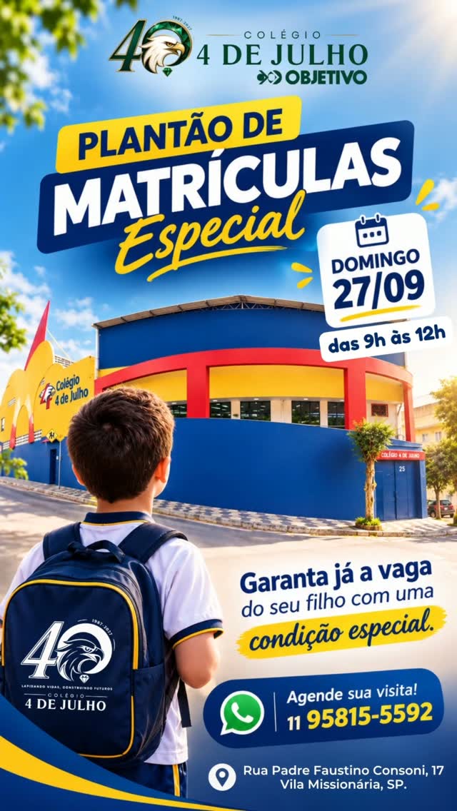 📚✨ PLANTÃO DE MATRÍCULAS – COLÉGIO 4 DE JULHO! ✨📚
Está pensando no futuro do seu filho? Este é o momento de conhecer de perto o nosso colégio e dar o primeiro passo para uma educação de qualidade, com conhecimento, valores e acolhimento. 💙💛
📅 Domingo, 27 de setembro
⏰ Das 9h às 12h
📍 Rua Padre Faustino Consoni, 17 – Vila Missionária, SP.
Venha conhecer nossa proposta pedagógica, nosso ambiente e tirar todas as suas dúvidas sobre as matrículas.
💬 Agende sua visita pelo WhatsApp:
📲 (11) 95815-5592
Esperamos por você! 💙💛