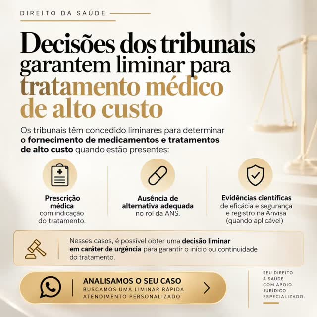 ⚖️ Tratamento médico de alto custo negado? A Justiça pode ser um caminho para garantir o acesso ao tratamento.
Os tribunais têm reconhecido, em determinadas situações, o direito de pacientes ao fornecimento de medicamentos e tratamentos de alto custo, inclusive por meio de decisão liminar em caráter de urgência.
Para a análise judicial, podem ser relevantes documentos como prescrição e relatório médico detalhado, negativa do plano de saúde, evidências científicas sobre o tratamento e demonstração da necessidade clínica.
💊 Quando a saúde não pode esperar, a liminar pode ser utilizada para buscar o início ou a continuidade do tratamento enquanto o processo é analisado.
Cada situação possui particularidades e precisa de análise jurídica individualizada.
📲 Teve um medicamento ou tratamento de alto custo negado pelo plano de saúde? Entre em contato para análise do seu caso.
#DireitoDaSaúde #MedicamentoDeAltoCusto #TratamentoDeAltoCusto #PlanoDeSaúde #PlanoDeSaúdeNegou MedicamentoNegado TratamentoNegado Liminar LiminarPlanoDeSaúde LiminarMedicamento DireitoAoTratamento DireitosDoPaciente AdvogadaDireitoDaSaúde AdvocaciaDaSaúde NegativaDoPlano TratamentoMédico