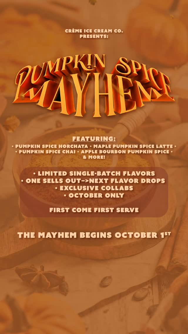 Pumpkin spice has officially gotten out of hand. 🎃
Tomorrow, we’re unleashing the wildest fall lineup we’ve ever created—bold flavors, unexpected combinations, and a few surprises we’ve been keeping quiet. 👀🍂
Welcome to PUMPKIN SPICE MAYHEM. 🎃🔥
Come hungry. Don’t get attached!
Once one sells out, the next flavor drops 🫡
📍2730 N. College Ave. Fayetteville, AR 72703
🚪Check Google Maps For Current Hours
#cremeicecreamco #icecream #fayetteville #arkansas #northwestarkansas