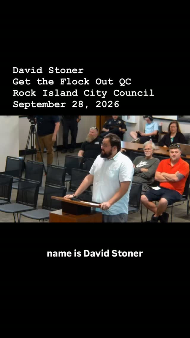 David Stoner From Get the Flock Out QC presented interesting, scary, shocking (depending on your perspective) statistics on the Flock ALPR readers. While Rock Island Police Department conducted 427 searches in one month, 404 outside police departments conducted 136,134 searches of Rock Island cameras. In one month. I’m struggling to understand how so many searches could be conducted on a population of ~36,000 people. As David points out, it is impossible to responsibly review these requests without adding full-time staff to do so. Rock Island Line strongly recommends the city create a new board to monitor the adoption of artificial intelligence and advanced technologies. #rockislandline #keeprockislandreal #flock #gettheflockout