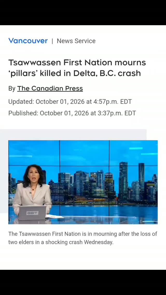 Tsawwassen First Nation mourns 'pillars' killed in Delta, B.C. crash
By The Canadian Press
Updated: October 01, 2026
The Tsawwassen First Nation is in mourning after the loss of two elders in a shocking crash Wednesday. CTVNews.
https://www.ctvnews.ca/vancouver/article/driver-released-after-collision-that-killed-2-first-nations-elders-in-delta-bc/
#Elders #Crash #Mourn #Indigenous