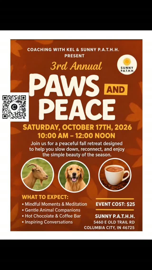 The crisp of the autumn morning air on your face. The smells of falling leaves 🍂, hot cocoa ☕️, and a campfire 🔥. The calming of the scenery and nature surrounding you 🌳. The touch of a soft paw in your hand paw, or a furry companion 🐕 sitting next to you. The company of friends or new faces talking with you, or the solace of a walk alone along the pine trees. The reset you NEED. The grounding your mind and body have longed for. 🌅
These are the amazing experiences our Paws and Peace event offers. This is the opportunity you want to seize without reservation. This is the power of Sunny P.A.T.H.H. ☀️
Secure your peace today @ www.sunnypathh.com
Spots are limited!