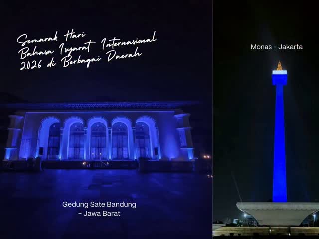 Satu cahaya biru, satu pesan: Bahasa Isyarat, Akses, dan Hak Tuli! ππ«Άπ»
Pada 23 September 2026 kemarin, cahaya biru hadir di berbagai ruang publik, landmark, gedung resmi, dan bangunan pemerintah di sejumlah daerah dalam rangka memperingati Hari Bahasa Isyarat Internasional (HBII) 2026.
Melalui kampanye βShine a Blue Light on Sign Languagesβ, cahaya biru menjadi simbol komitmen bersama untuk mendukung bahasa isyarat sekaligus bentuk solidaritas bagi komunitas Tuli di seluruh dunia.
Tahun ini, cahaya tersebut membawa pesan yang semakin kuat melalui tema HBII 2026, βMendeklarasikan Hak Asasi Manusia untuk Tuliβ.
Cahaya biru bukan sekadar simbol, tetapi juga pengingat tentang pentingnya kesadaran, kepedulian, dan komitmen untuk memastikan Tuli memiliki akses terhadap komunikasi dan informasi, kesempatan berpartisipasi penuh, serta hak yang setara di berbagai bidang kehidupan.
Terima kasih sebesar-besarnya kepada pemerintah daerah, para sponsor, panitia HBII di berbagai daerah, tim GERKATIN, para Juru Bahasa Isyarat, seluruh tim Pusbisindo, serta semua pihak yang telah berkontribusi dalam menyukseskan rangkaian HBII 2026.
Mari terus suarakan hak Tuli dan dorong ruang partisipasi yang penuh dan setara bagi Tuli dalam kehidupan sehari-hari.
Sampai jumpa di HBII tahun depan! π
#Bisindo #HBII2026 #CahayaBiru #BahasaIsyarat #HakTuli Aksesibilitas PTI2026