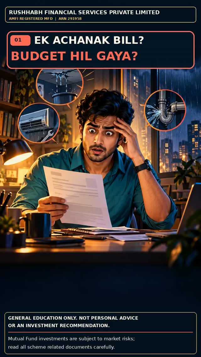 Achanak kharcha budget ko hila sakta hai. Pehle apne zaroori kharche dekho: rent, khaana, bills. Phir apni situation aur pace ke hisaab se emergency buffer banao. Koi fixed number sabke liye sahi nahin hota. General education only, not personal advice or an investment recommendation. Rushhabh Financial Services Private Limited, AMFI-registered Mutual Fund Distributor (ARN 291958). Mutual Fund investments are subject to market risks, read all scheme related documents carefully. #EmergencyFund #PersonalFinance #MoneyHabits #Ahmedabad