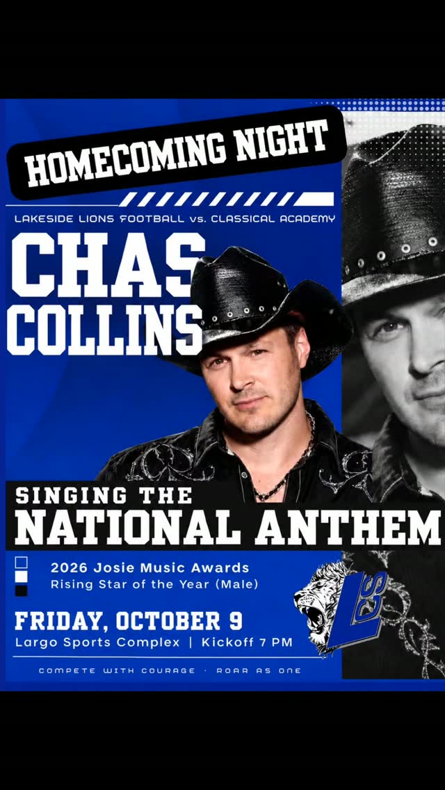 💥THIS JUST IN💥 After recently being awarded worldwide "Rising Star of the Year" 2026 at the world renowned @josiemusicawards in Nashville at the Grand Ole Opry House, Tampa Bay voted, Best Singer/Songwriter and Top Performer @chascollinsmusic has been chosen to perform the National Anthem this Friday for Lakeside Christian's Homecoming Football game at The Largo Sports Complex!
#football #bestinthesouth #nationalanthem
