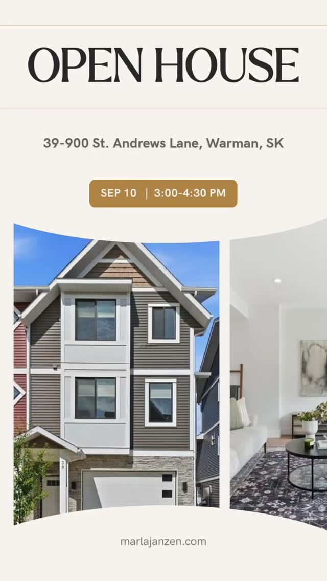 🏡 OPEN HOUSE IN WARMAN!
✨ Modern style, functional space, and a location you'll love!
Join us at 39-900 St Andrews Lane, Warman and explore this move-in-ready home featuring 9-foot ceilings, a chef-style kitchen with quartz countertops and stainless steel appliances, 3 bedrooms, 2.5 bathrooms, and convenient second-floor laundry.
Enjoy the fenced backyard, upper balcony, tandem garage, and pet-friendly complex — all close to schools, walking trails, amenities, and Legends Golf Course!
📅 September 10, 2026
⏰ 3:00 PM – 4:30 PM
📍 39-900 St Andrews Lane, Warman, SK
Come see if this is the perfect place to call home!
#OpenHouse #WarmanRealEstate #WarmanHomes #SaskatchewanRealEstate #MoveInReady