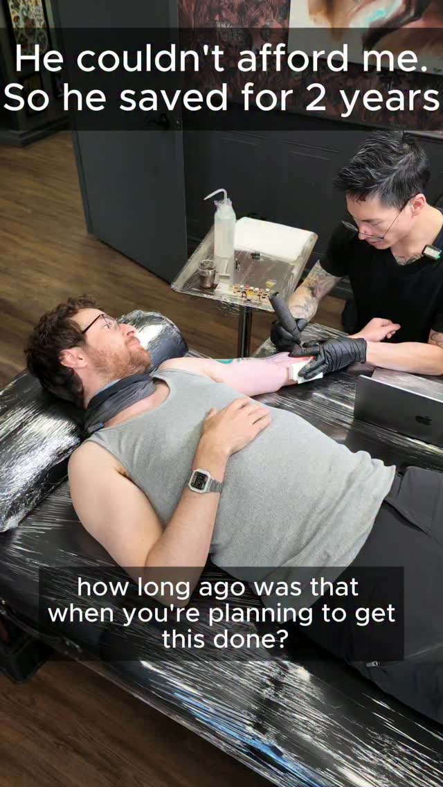 He messaged me two years ago and didn’t have the money.
Most people stop there. He didn’t.
He saved for two years, planned the trip, and flew from Amsterdam to Edmonton to sit for this piece.
Here’s the thing. When someone tells me they can’t afford a tattoo, what I usually hear is that it isn’t a priority yet. And that’s fine. But let’s be honest about it.
People save up for a car that loses value the second you drive it off the lot. They save for a vacation that’s over in a week. They drop money on clothes they’ll stop wearing in a year.
A tattoo is the one purchase you’ll keep for the rest of your life. You wear it every single day.
So if it’s worth wearing forever, it’s worth waiting for.
The harsh reality is the people who rush it are usually the ones who regret it. The people who plan, save and commit almost never do.
At the end of the day, he didn’t have the money yet, so he made a plan