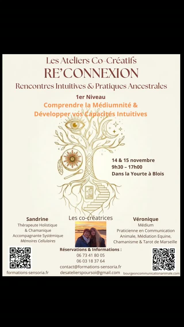 "La médiumnité n’est pas un don réservé à quelques-uns, mais une capacité que chacun porte en soi. Nous sommes là pour vous aider à la réveiller"
Avec Véronique nous avons décidé de proposer un atelier immersif de deux jours dédié à l’éveil de la médiumnité & au développement de l'intuition
RE'CONNEXION
Cet atelier est conçu pour vous aider à ouvrir vos canaux intuitifs & à communiquer avec le vivant sous toutes ses formes.
Un petit aperçu du programme :
-Introduction à la médiumnité
-Ethique dans la pratique médiumnique
-Elévation vibratoire
-Développement de l'intuition &:des sens subtils -Lecture psychique de l’aura
-Psychométrie
-Contact avec les défunts
-Remote viewing.....
Pour plus d'infos n'hésitez pas à aller sur mon site lien dans ma bio ou celui de Véronique
Avec toute notre gratitude ❤️
Véronique & Sandrine
#mediumnite #intuition #energie
#contactdefunt #tauxvibratoire