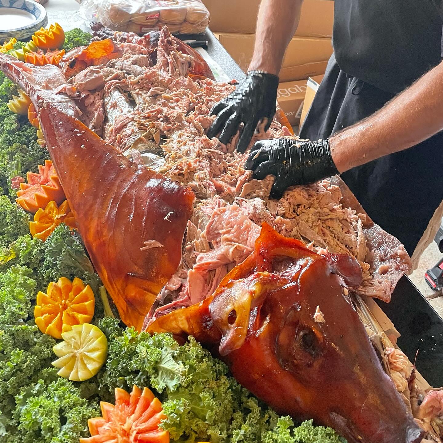 Did you know that when we do whole hog catering, we decorate it just as we would for a competition. And then we stand and hand pull the pork and put it directly on your guest’s plates as they pass through the buffet line!
Book your holiday parties today!!
#catering #bbqcatering #wholehog #pulledpork