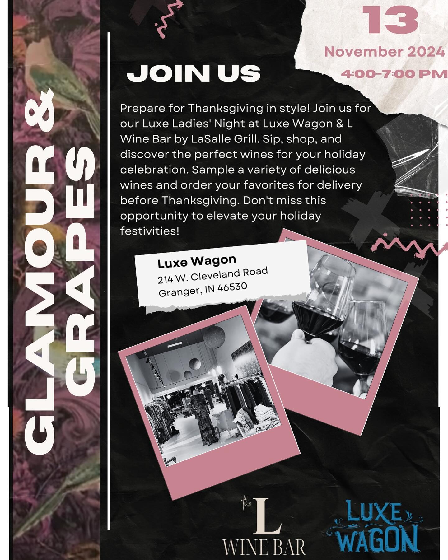 Prepare for Thanksgiving in style! Join us for our Luxe Ladies’ Night at Luxe Wagon & L Wine Bar by LaSalle Grill. Sip, shop, and discover the perfect wines for your holiday celebration. Sample a variety of delicious wines and order your favorites for delivery before Thanksgiving. Don’t miss this opportunity to elevate your holiday festivities! It’s going to be a great evening you won’t want to miss 💙