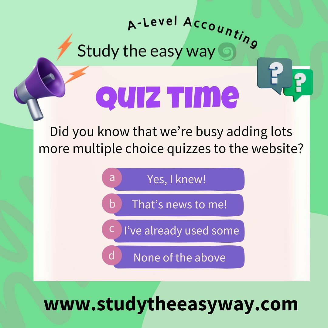 Our multiple choice quizzes are proving to be more popular than ever, so we’re adding more of them! We’re focusing on Year 13 topics at the moment but please let us know if there are any quizzes you’d particularly find useful and we’ll do our best to help. They are a quick way to check your topic knowledge and to do some quick revision. Every answer is fully explained so hopefully you’ll finish the quiz having learned a little something! Visit www.studytheeasyway.com to find out more. #alevelaccounting #aqaaccounting #alevels #alevels2025 #alevels2026 #alevelrevision