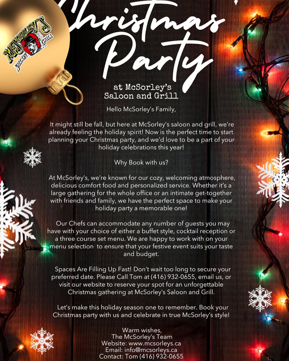 Looking to start planning your holiday Christmas party? We’d love to be part of your celebration. Get in contact with Tom at 416-932-0655 or email us at info@mcsorleys.ca and we’ll help you make it a memorable one at McSorleys! Warm wishes, The McSorleys team. ——————————————————————————————#bayviewleasidebia #bayviewvillage #leasidecommunity #leaside #leasidemoms #davisvillevillage #davisvillemoms #midtowntoronto #yongeandeglinton #rosedaletoronto